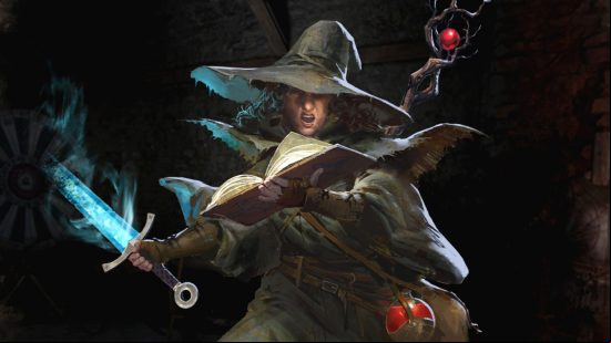 Dark and Darker classes: The Dark and Darker Wizard reads from a spell book, staff in hand