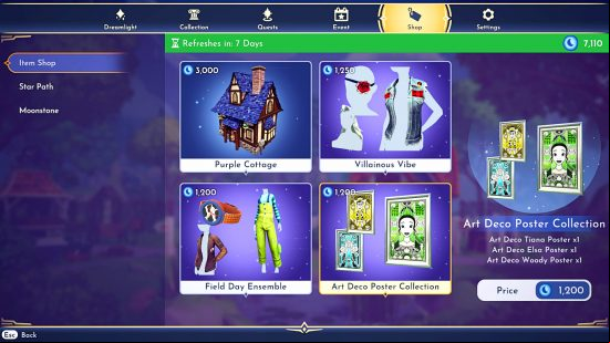 Disney Dreamlight Valley  shop - four bundles available for sale: a Purple Cottage, Villainous Vibe clothing set, Field Day Ensemble clothing set, and Art Deco Poster Collection.