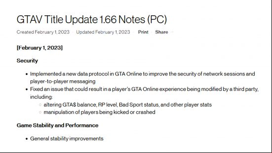 GTA 5 update 1.66 - patch notes for the security-focused update