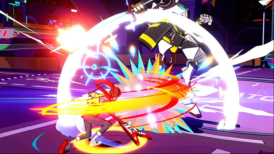 Hi-Fi Rush - a person in yellow top and black tros slashes a large robot with a red guitar, causing a stylised explosion of colour