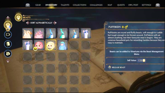 Hogwarts Legacy has shiny beasts like Pokemon: the beast index from Harry Potter RPG game Hogwarts Legacy showing a shiny Puffskein