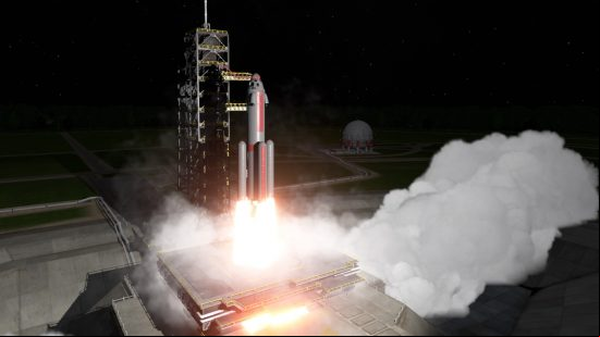 Kerbal Space Program 2: A rocket taking off surrounded by smoke