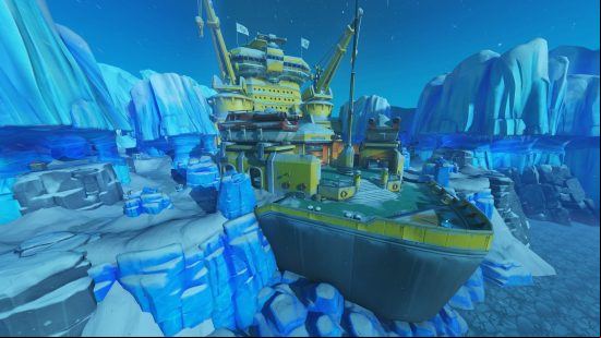 A huge freighter ship trapped in ice with a yellow crane sitting on top of it