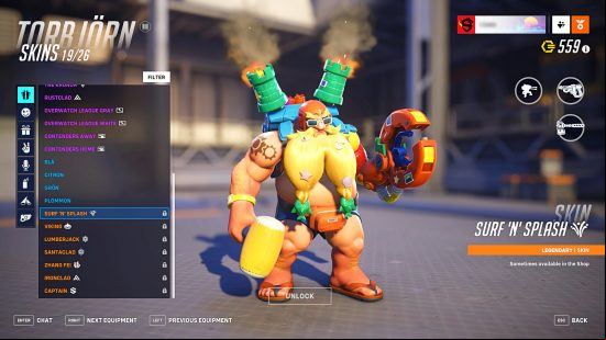 Overwatch 2 Credits - hero screen for Torbjörn showing his beach-themed Surf 'N' Splash outfit