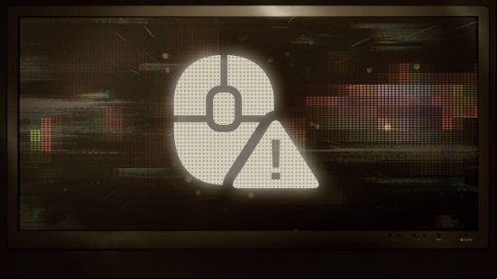 A pixelated PC screen showing a mouse with a caution sign next to it