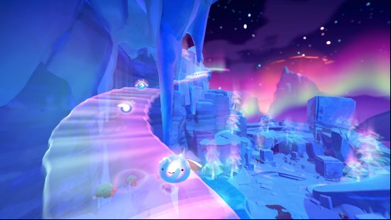 Slime Rancher content update Song of the Sabers: An Auroral Anomaly forms a bridge to a new area under a starry night's sky
