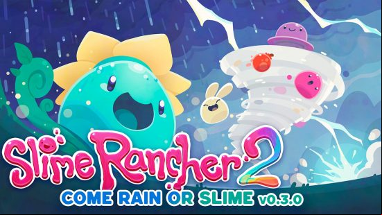 The Tangle slime and the Dervish slime in the key art for the Slime Rancher 2 Come Rain or Shine update.