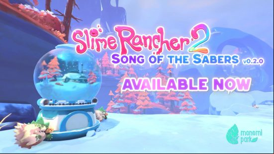 Slime Rancher 2 update Song of the Sabers: Thundercluck chickens and a snowglobe sit in front of a snowy horizon