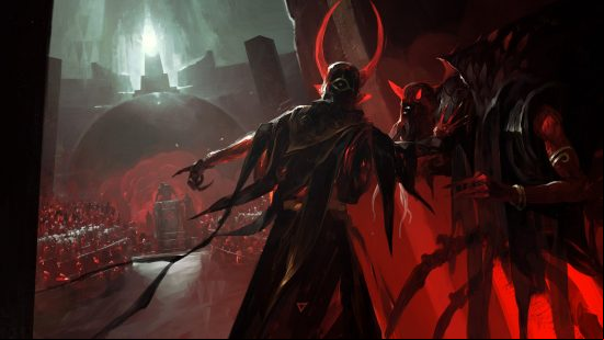 Welcome to Solium Infernum, the "Dark Souls of strategy games": Stark, red artwork depicting an argument among the politicians of Hell in strategy game Solium Infernum