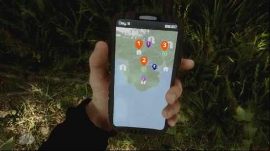 Sons of the Forest key card locations: the in-game GPS tracker map shows three keycard locations