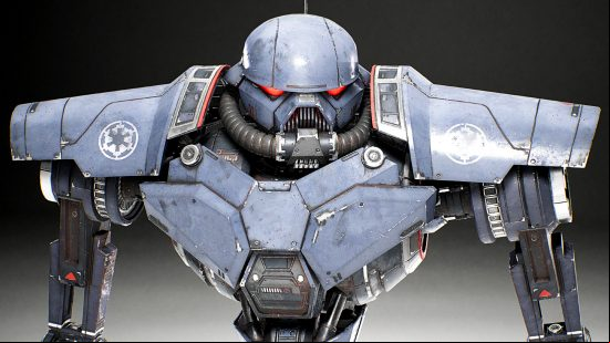 Star Wars Jedi Survivor droids - a DT Sentry Droid, a hulking blue robot with glowing red eyes