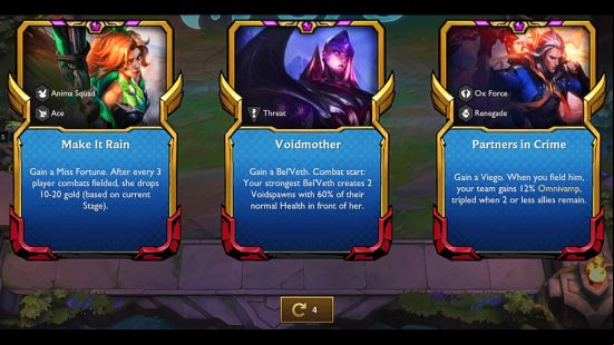Teamfight Tactics - a screen offering the choice of three Hero Augments, with a button to reroll showing a '4' counter.