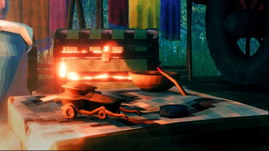 Valheim Hildir's Quest update - Preview image of Hildir's home. A chest and mixing bowl sit atop a plank of wood on the ground near a drying rack with clothes hung from it, and the wheel of what looks to be a larger cart or structure