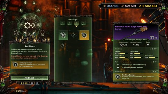 Warhammer 40k Darktide patch notes - menu screen for the re-blessing option at the Shrine of Omnissiah