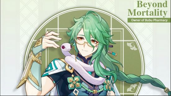 Genshin Impact's new 3.6 weekly boss is Apep, another giant serpent: anime man with green hair holding a white snake