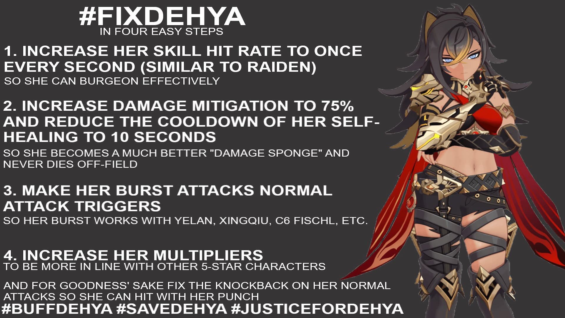 Genshin Impact players are pleading for Dehya buffs with new hashtag: anime giel standing next to text listing Genshin Impact changes