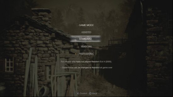 Resident Evil 4 Remake S Rank - a list of all difficulty modes, including the unlockable Professional Mode. Standard is currently selected.