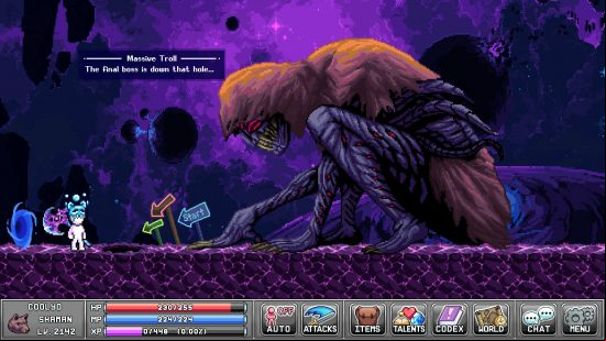 Best clicker games: Idle On, a large, cloaked troll says "The final boss is down that hole", and the player character stands in front of a hold in the ground.