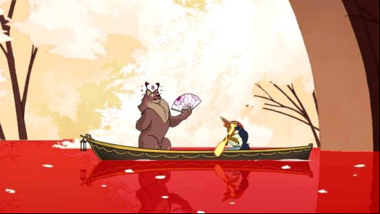 Stella, the player character, sails Astrid, a lynx, to the Everdoor so she can  on into death. They sail on red waters, surrounded by beautiful white trees.