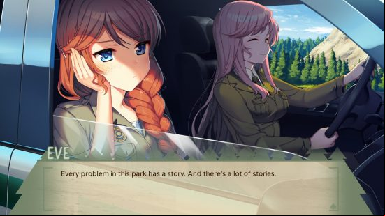 A girl looks thoughtfully out of the window of a car in one of the best visual novels, The National Park Girls.
