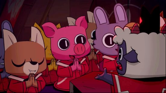 Cult of the Lamb interview - several different animals (including a fox, pig, and rabbit) wearing robes and praying to the titular lamb