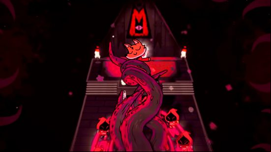 Cult of the Lamb interview - a fox closes its eyes peacefully as a large set of tentacles hold it aloft in a church