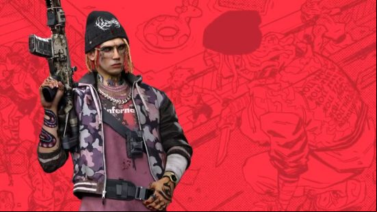 Dead Islasnd 2 slayers: Bruno wields a gun on a red backdrop, wearing a purple camo hoodie and a black beanie.