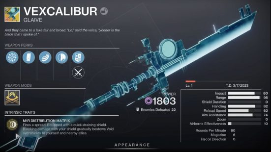 Destiny 2 Vexcalibur exotic glaive guide - how to start the quest: The Vexcalibur, along with all stats.