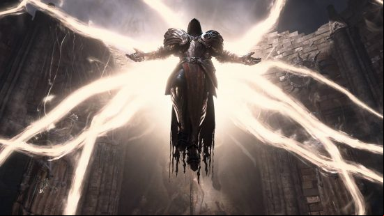 An angel with wings made of golden light wearing silver armour and a white hood hovers with his arms open