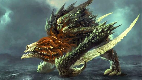 A huge spiny monster standing in a misty rocky area