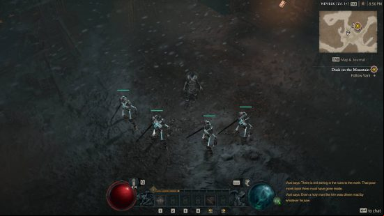 A woman standing in a snowy area surrounded by skeletons