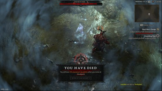 A huge red demon stands over the ghost of a dead character with the UI reading "You have died"