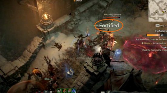Diablo 4 tips: The Fortified status ailment appears during battle, displayed by the word "Fortified" being shown on screen.