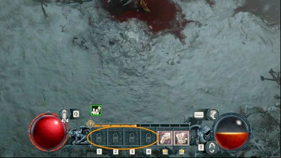 Diablo 4 tips: four locked hotbar slots have a padlock icon showing that they cannot be used.