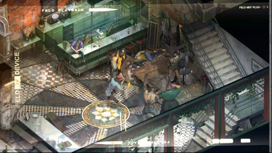 Disco Elysium Collage mode: two drunk man singkaraoke while onlooks all strik various dancing and sico poses.