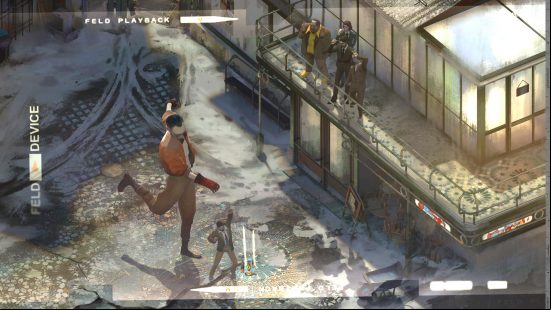Disco Elysium new game mode: a giant man in an orange jacket goes to soccer-kick a smaller man striking a disco pose.