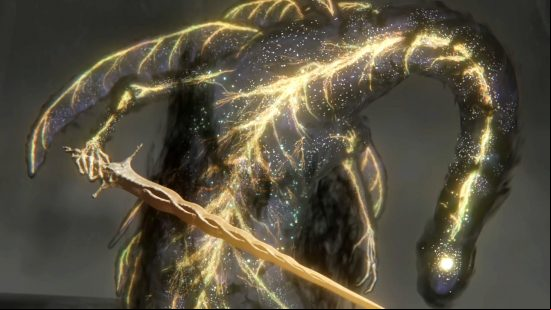 Elden Ring bosses: The Elden Beast, an eldritch being made of shadow and starlight, clutching an elegant sword in one of its spindly hands.
