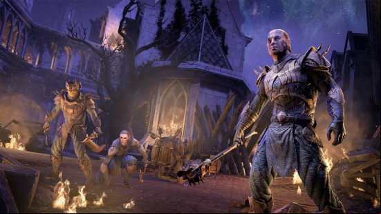 ESO Necrom release date: Three warriors in the new Sanity's Edge trial, outside of a catherdral-like building as flames surround them.