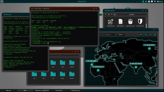 Best Hacking games: An image from Grey hack, showing Terminal, File Explorer and other windows all open on top of each other.