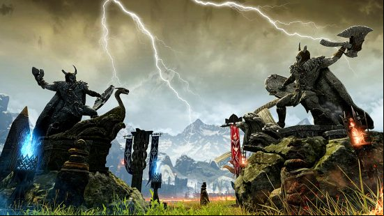 Lost Ark Tulubik Battlefield update - several statues on a grassy battlefield. Lightning crackles across the sky in the background.