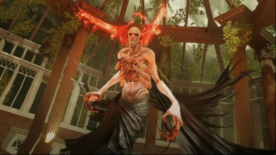 An skinny bald vampire creature with huge claws stands in a greenhouse wearing a tattered black shawl