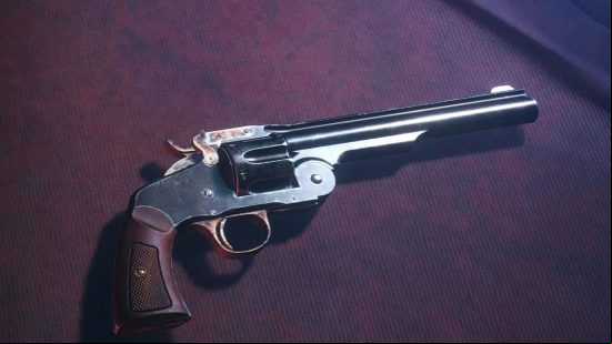 Resident Evil 4 best weapons: The Broken Butterfly magnum lying on the counter of the Merchant's shop stall.