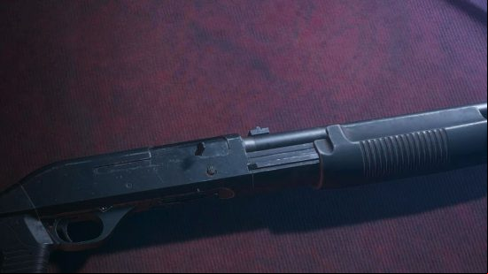 Resident Evil 4 best weapons: The Riot Gun shotgun lying on the counter of the Merchant's shop stall.