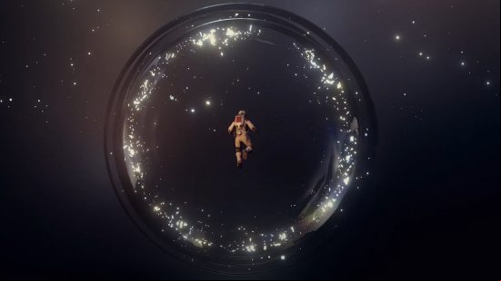 Starfield release date: a human in a spacesuit floats weightless surrounded by a circlular object.