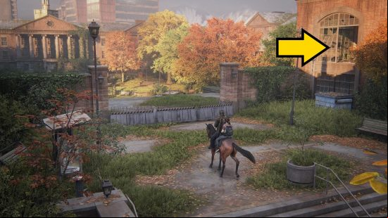 The Last of Us Firefly Pendants locations: a man rides a horse through an abandoned city.