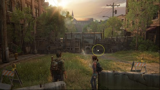 The Last of Us safe combinations guide: a man and a young woman stand on an overgrown street.