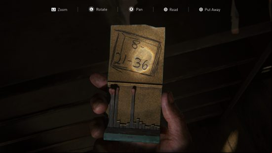 The Last of Us safe combinations guide: an old book of matches with a handwritten safe combination.