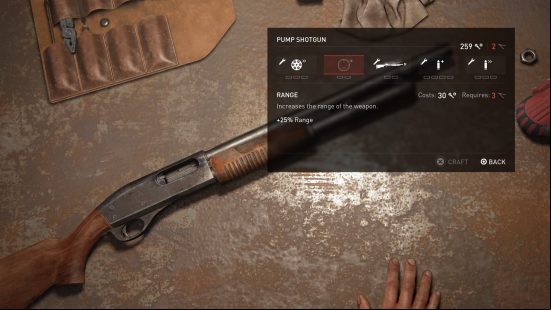 The Last of US workbench tool locations: a pump-action shotgun sits on a workbench.