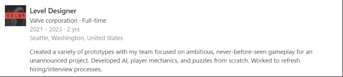Valve is working on a new, secret game, and it sounds like Portal 3: A LinkedIn profile for a Valve employee that may hint at Portal 3