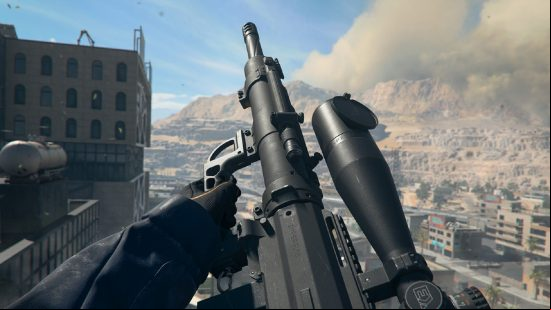 Best FJX Imperium - Intervention loadout: a person holding a sniper rifle on a rooftop, with a huge city in the background.